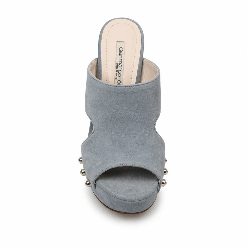 Gianmarco Lorenzi Women’s Powder Blue Suede Studded Platform Comfort Mules